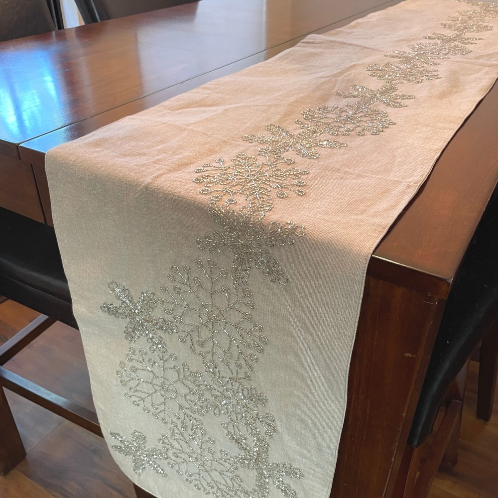 Tahari Home Beaded Snowflake Table Runner 13.5x88 Tan Silver Winter Elegant Glam